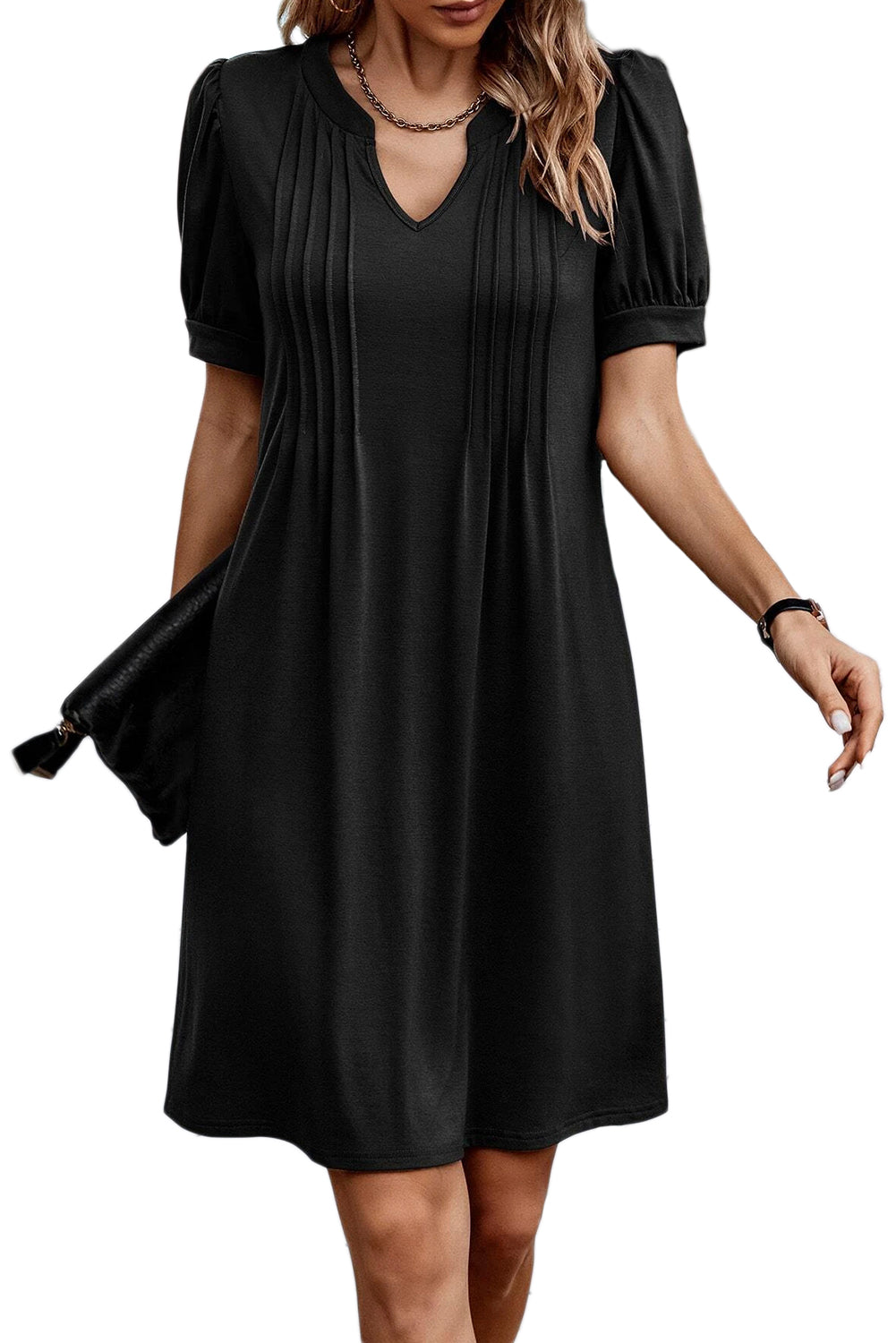 Fern Green Notched Neck Puff Sleeve Pleated T Shirt Dress