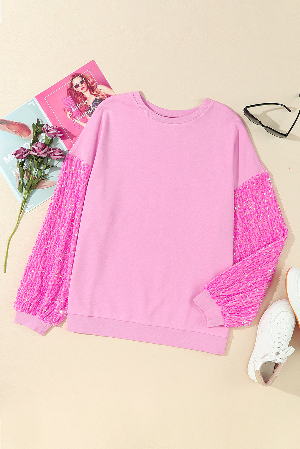 Pink Sequin Patchwork Long Sleeve Pullover Sweatshirt