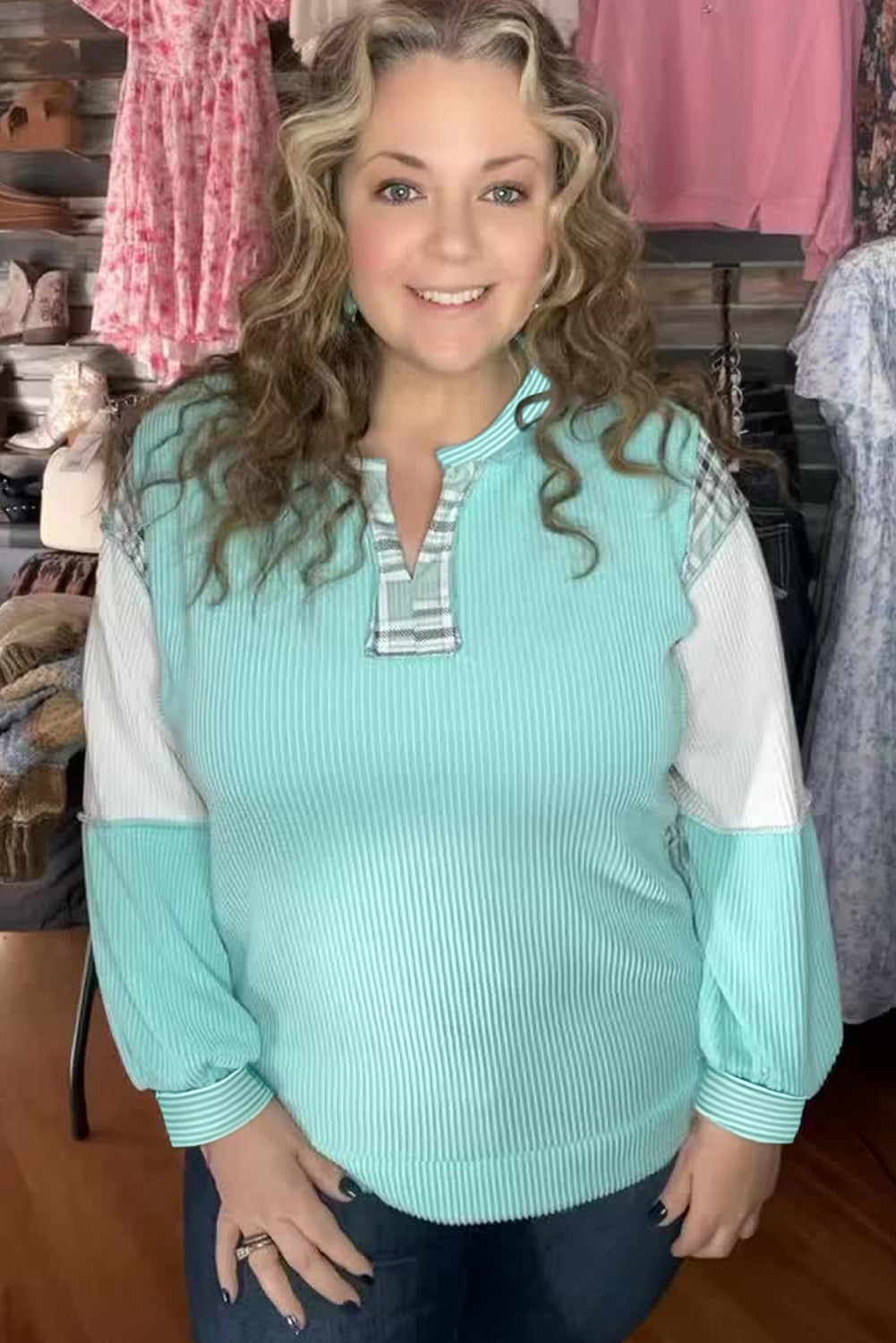 Aruba Blue Twist Ribbed Colorblock Plaid Patchwork Plus Size Top