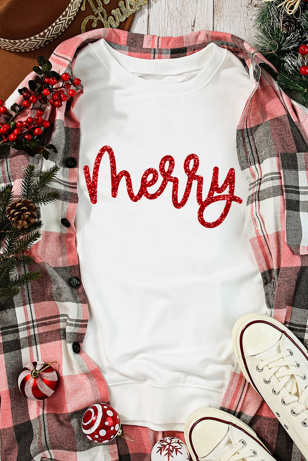 Beige Glitter Merry Graphic Transfer Vinyl Process Crew Neck Sweatshirt