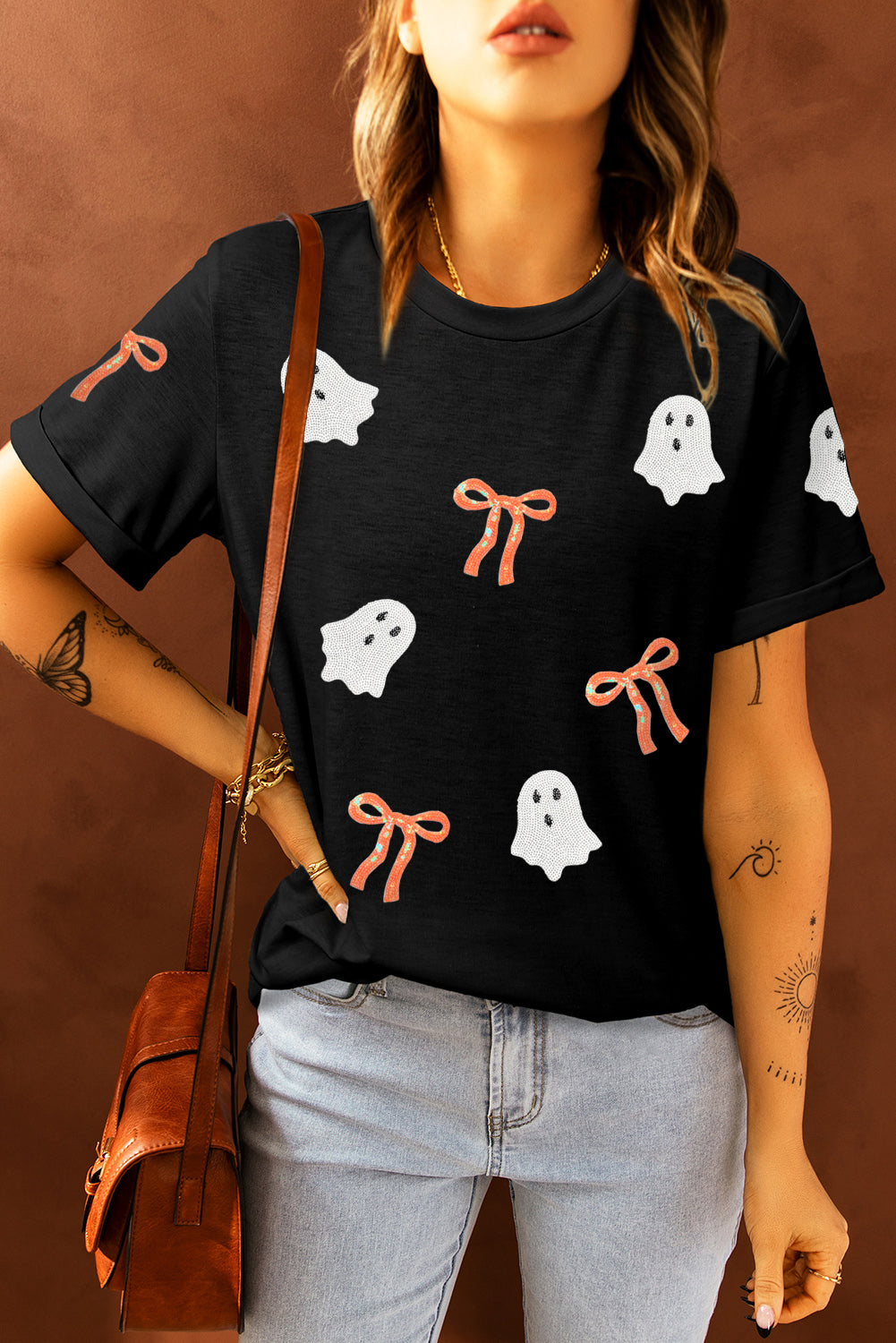 Black Sequin Bow Ghost Patched Halloween Graphic Tee