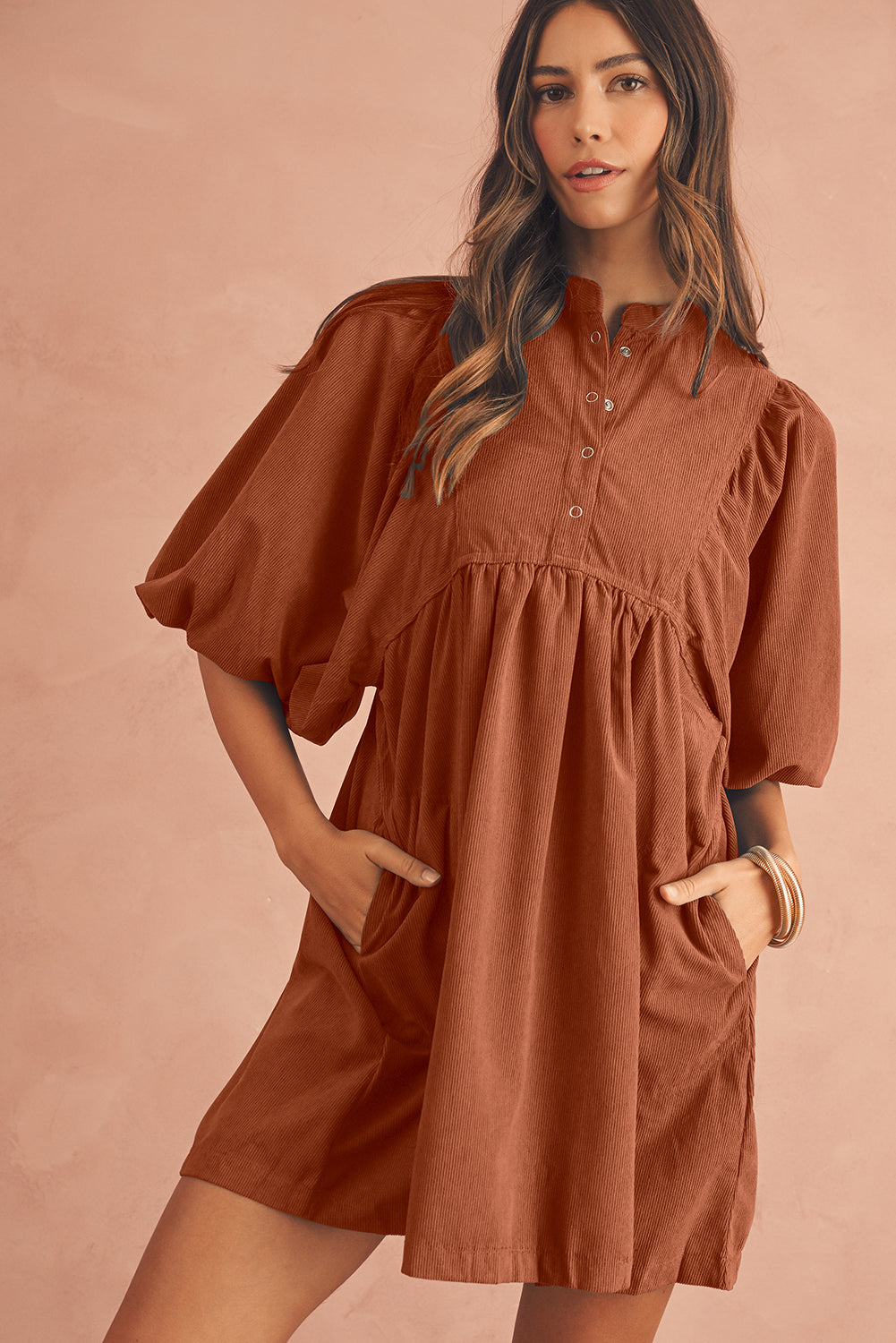 Vineyard Green Light Snap Button Empire Waist Lantern Sleeve Corduroy Dress