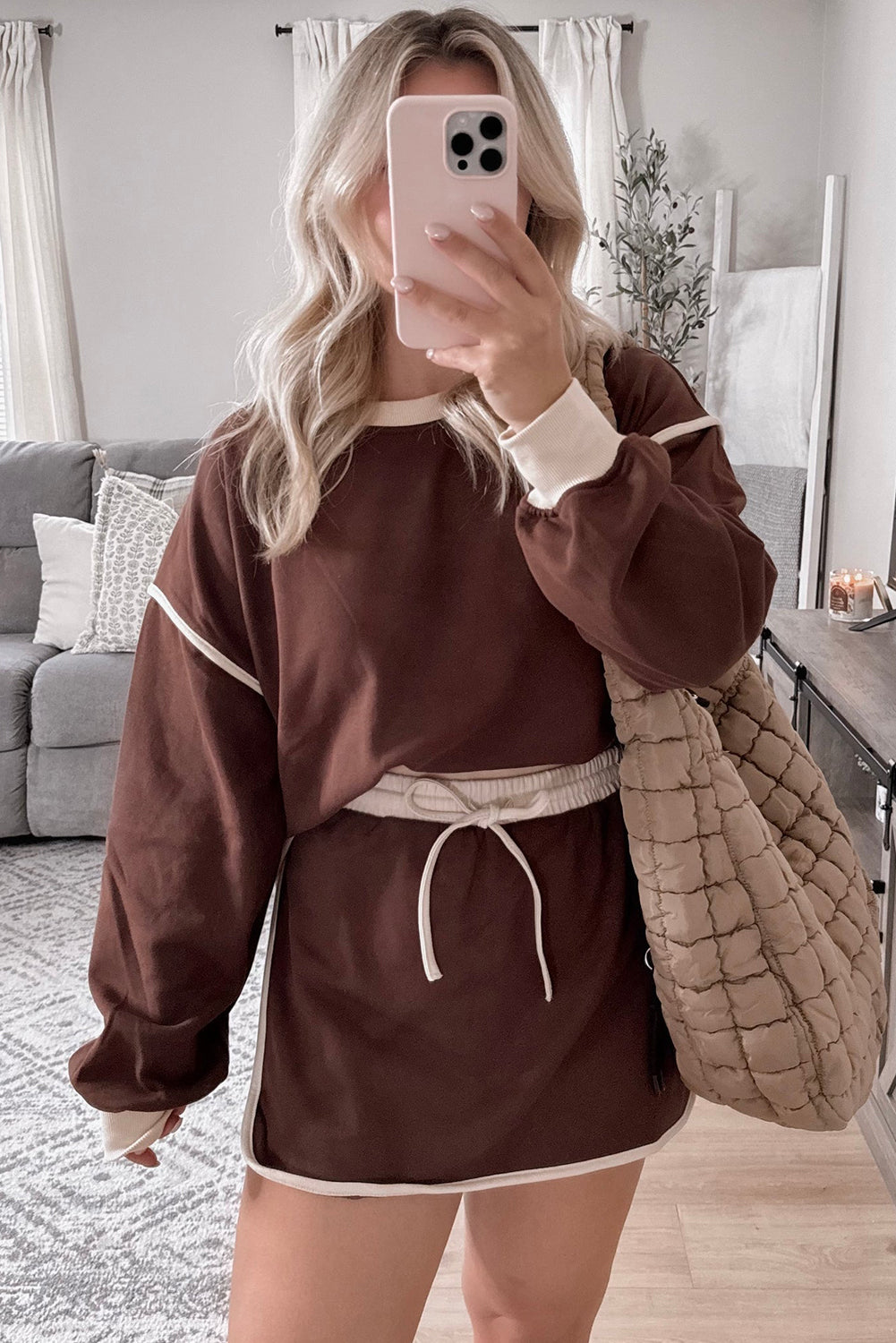 Black Contrast Trim Loose Pullover and Lace-up Waist Skort Set