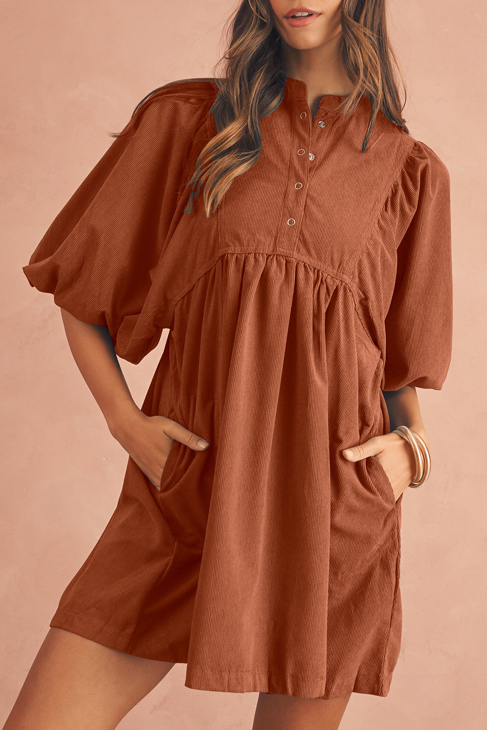 Vineyard Green Light Snap Button Empire Waist Lantern Sleeve Corduroy Dress