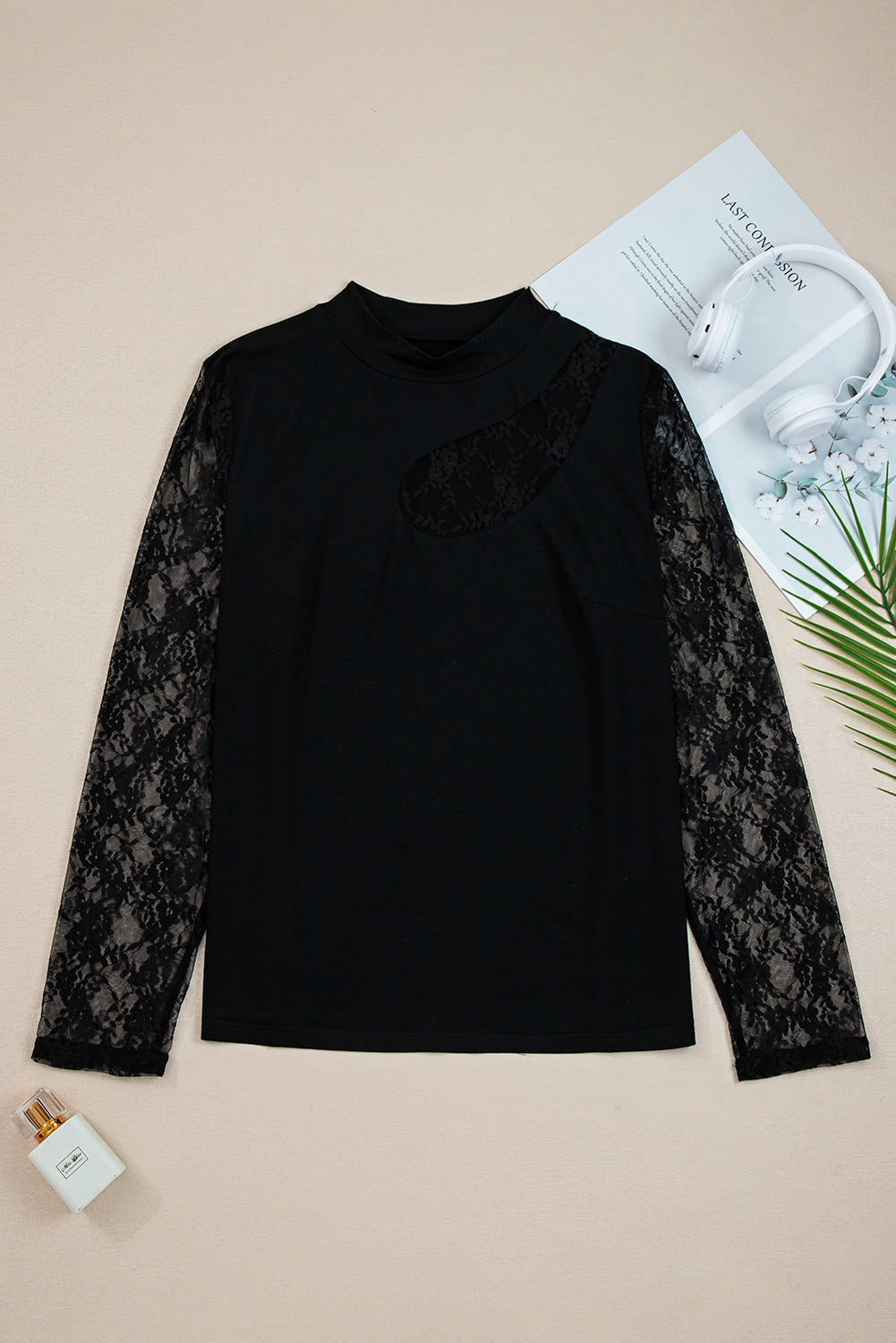 Black Plus Size Lace Patchwork Asymmetric Long Sleeve Top