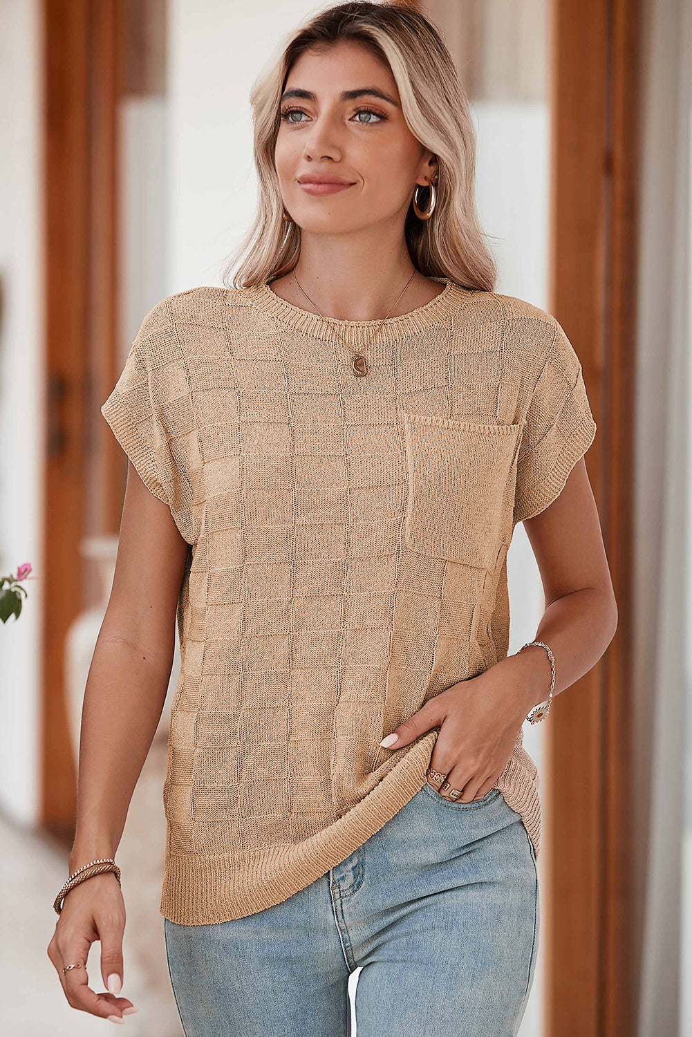 Smoke Gray Lattice Textured Knit Short Sleeve Baggy Sweater