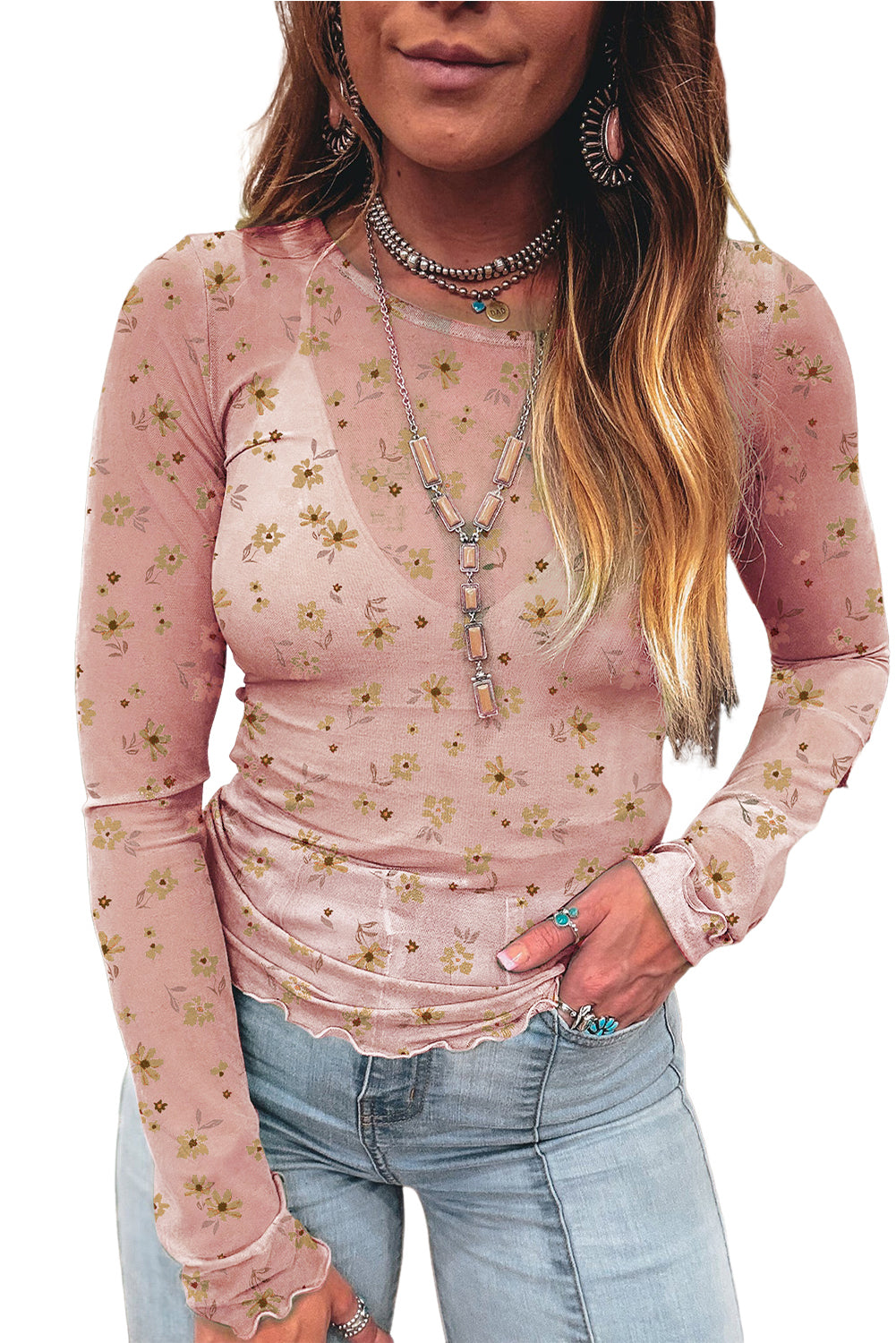 Sky Blue Floral Print Mesh Slim Fit Long Sleeve Top