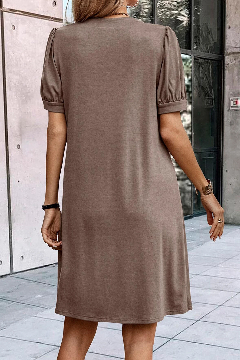Fern Green Notched Neck Puff Sleeve Pleated T Shirt Dress