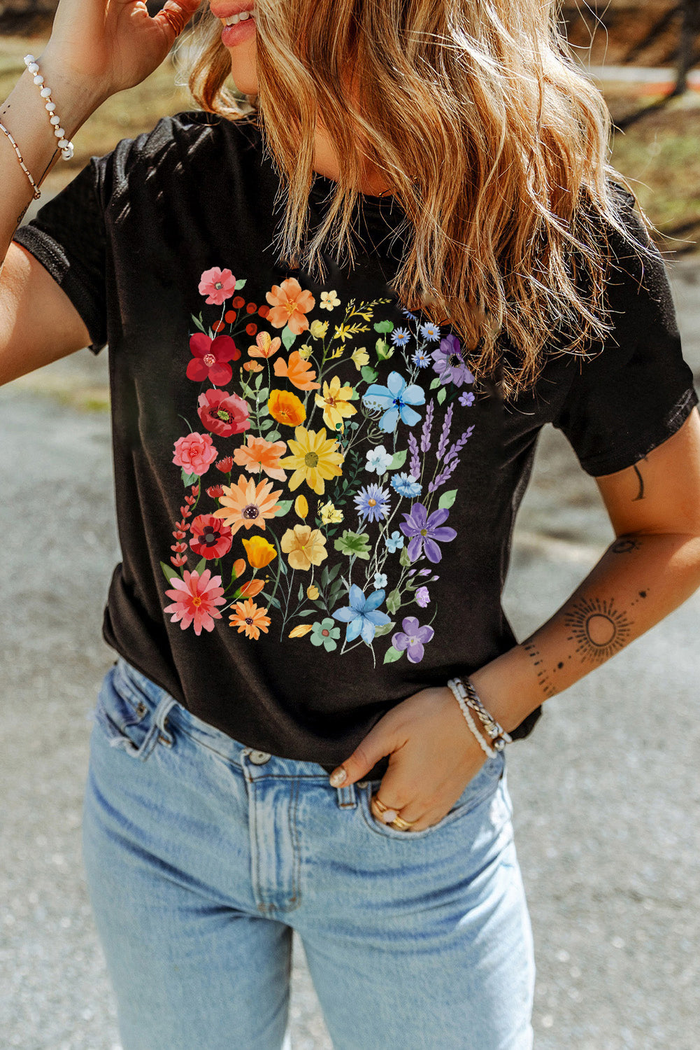 Black Flower Heat Transfer Printing Cotton Blend Casual Tee