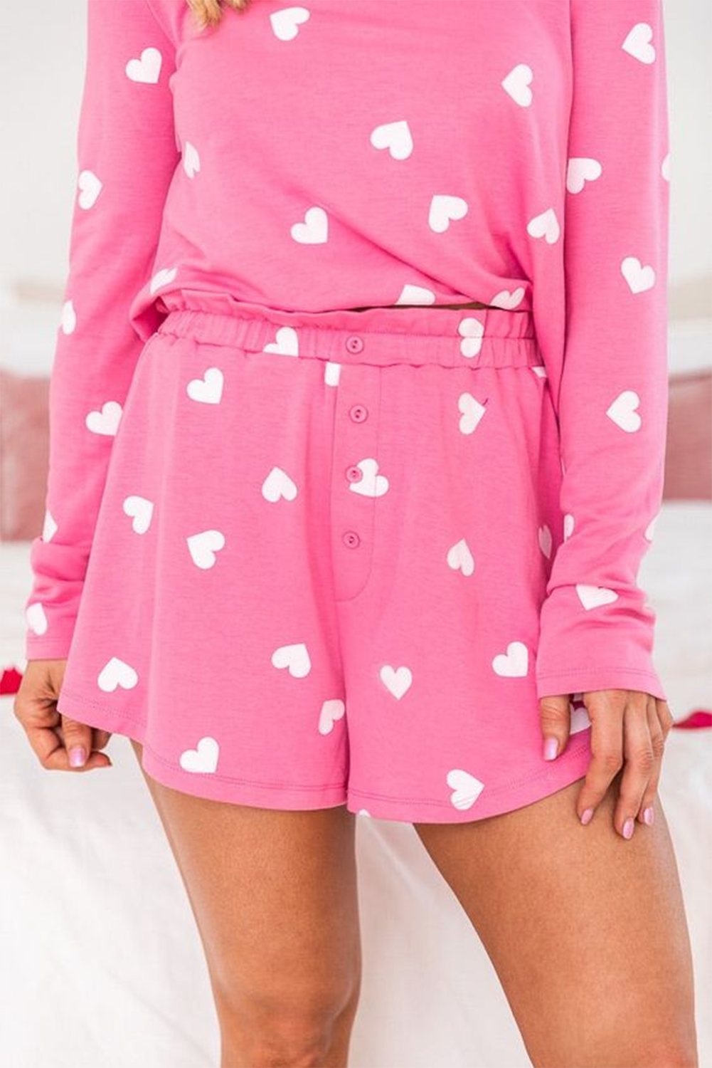 Pink Heart Print Long Sleeve Top and Shorts Pajama Set