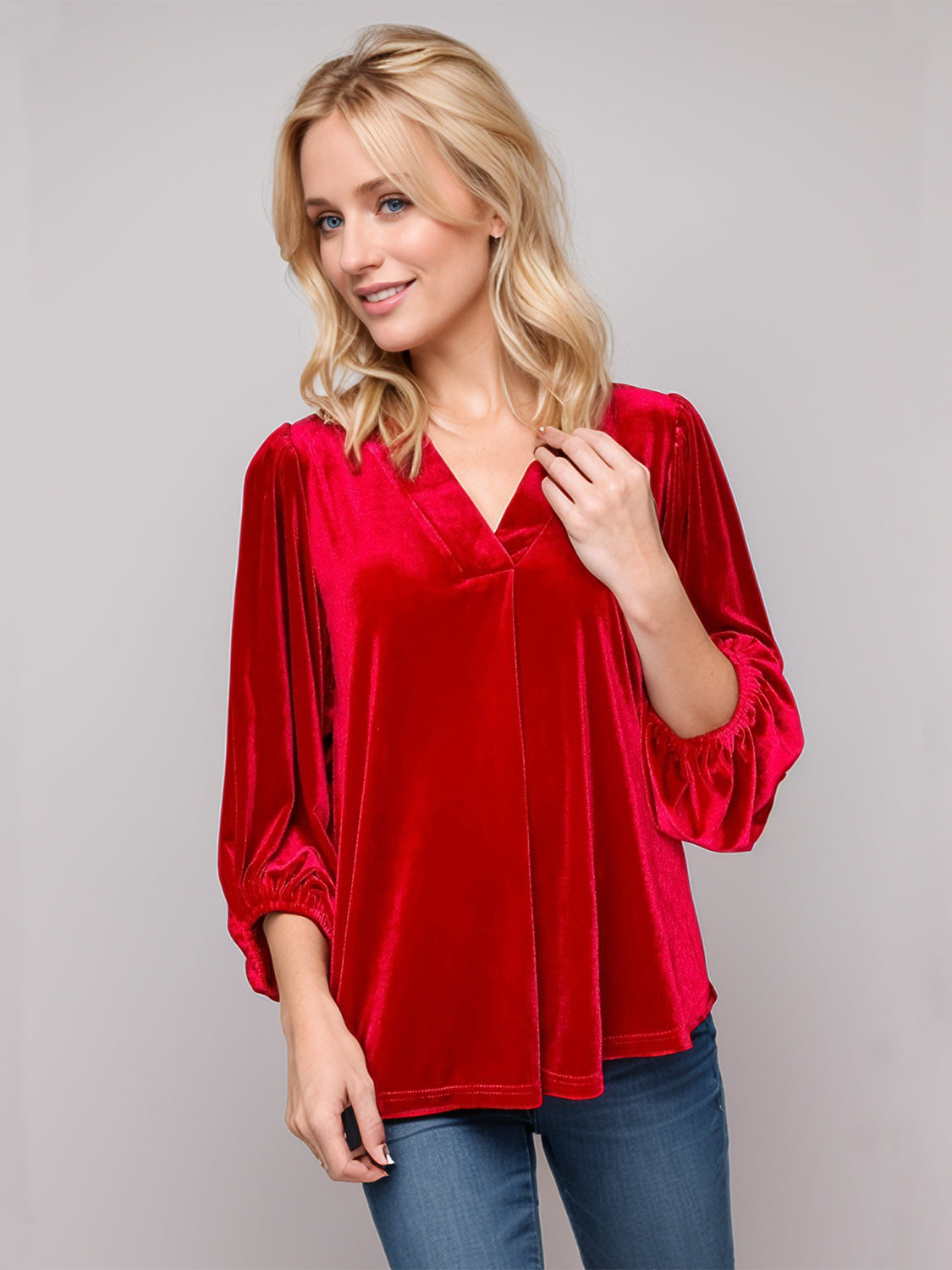 V-Neck Three-Quarter Sleeve Velvet Blouse
