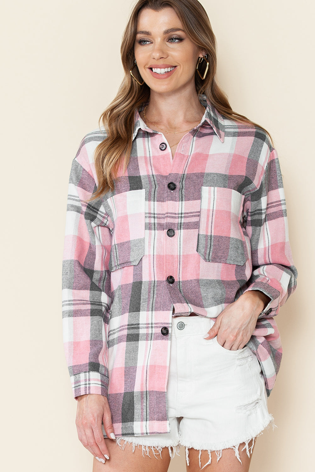 Pink Long Sleeve Collared Button Up Flannel Shacket