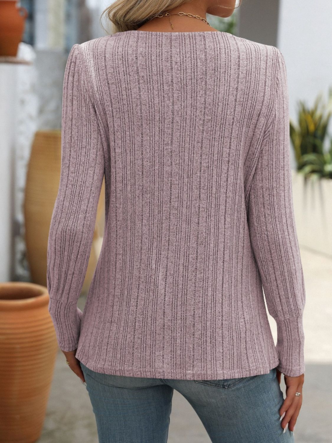 Decorative Button Striped Square Neck Long Sleeve Sweater