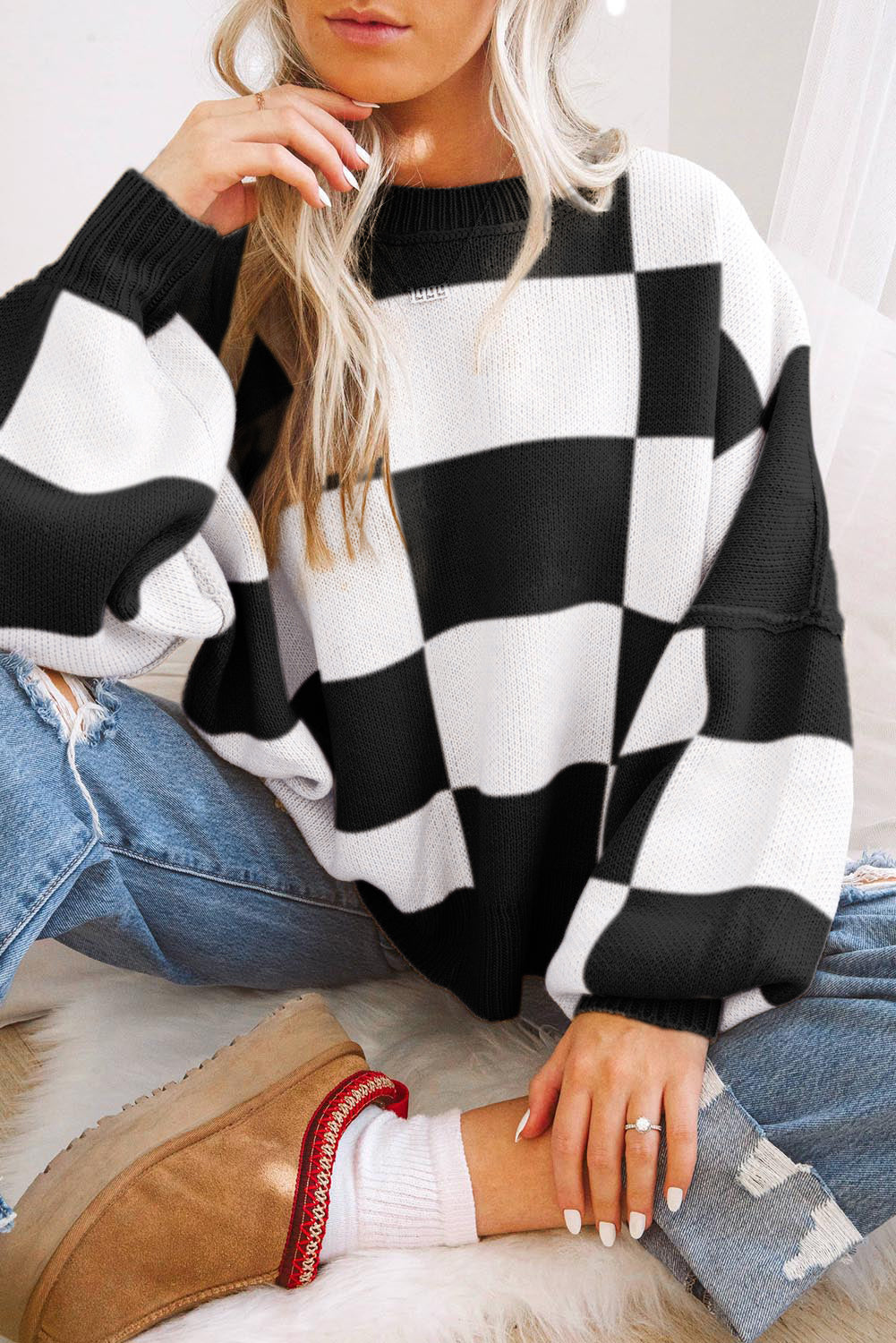 Rose Checkered Bishop Sleeve Pullover Sweater