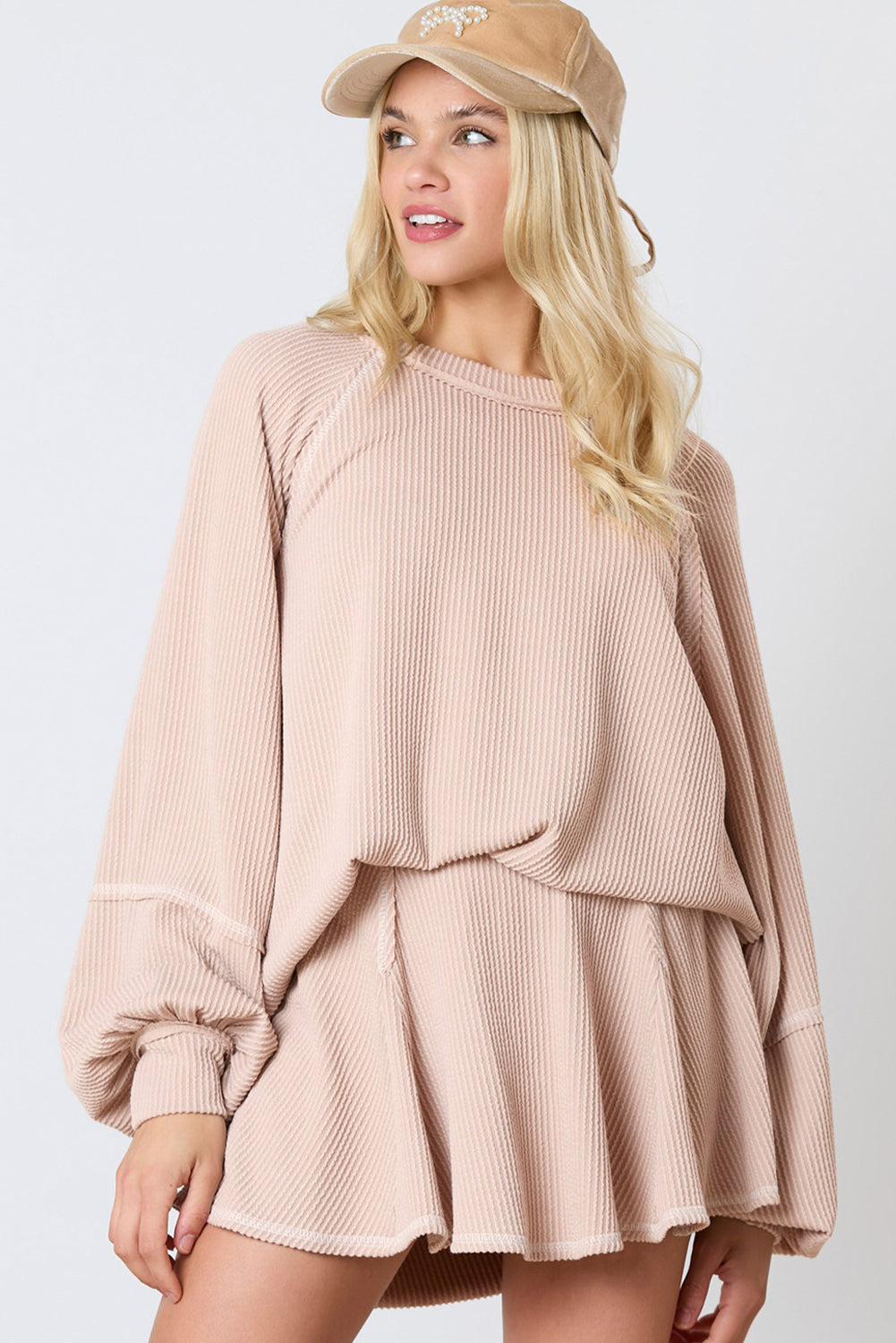 Dark Grey Corded Bishop Sleeve Pullover and Ruffle Mini Skirt Set