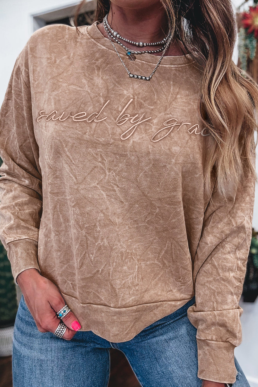 High-rise saved by grace Letter Embroidery Mineral Wash Loose Sweatshirt