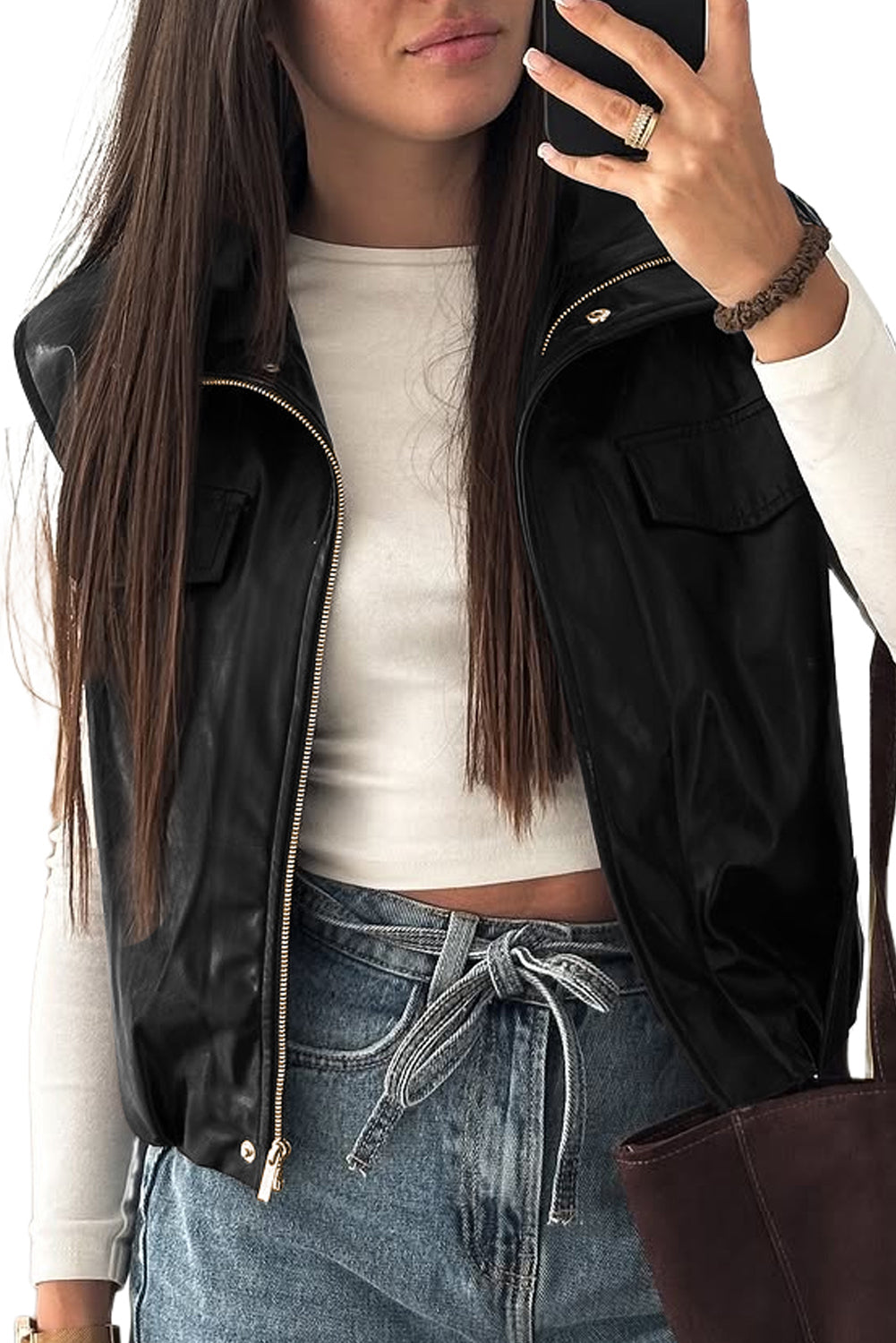 Black Double Flap Pocket Faux Leather Zip Up Stand Neck Vest