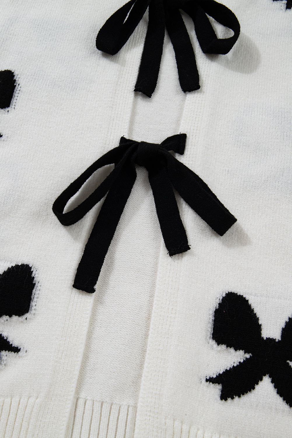 White Lace-Up Front Bow Pattern Round Neck Knit Cardigan