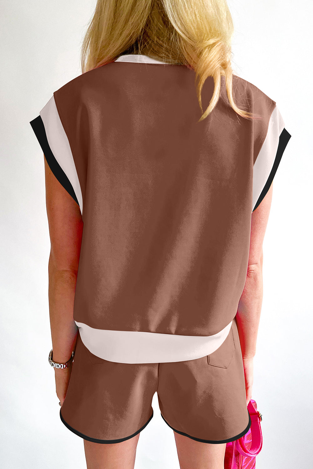 Blue Color Block Loose Fit Top and Elastic Waist Shorts Set
