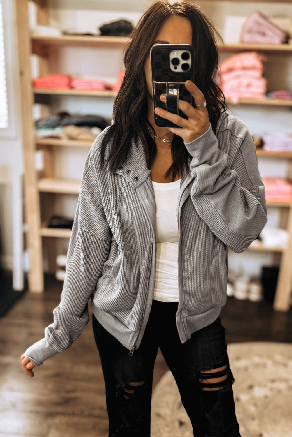 Burgundy Waffle Splicing Zip Up Front Button Hooded Jacket