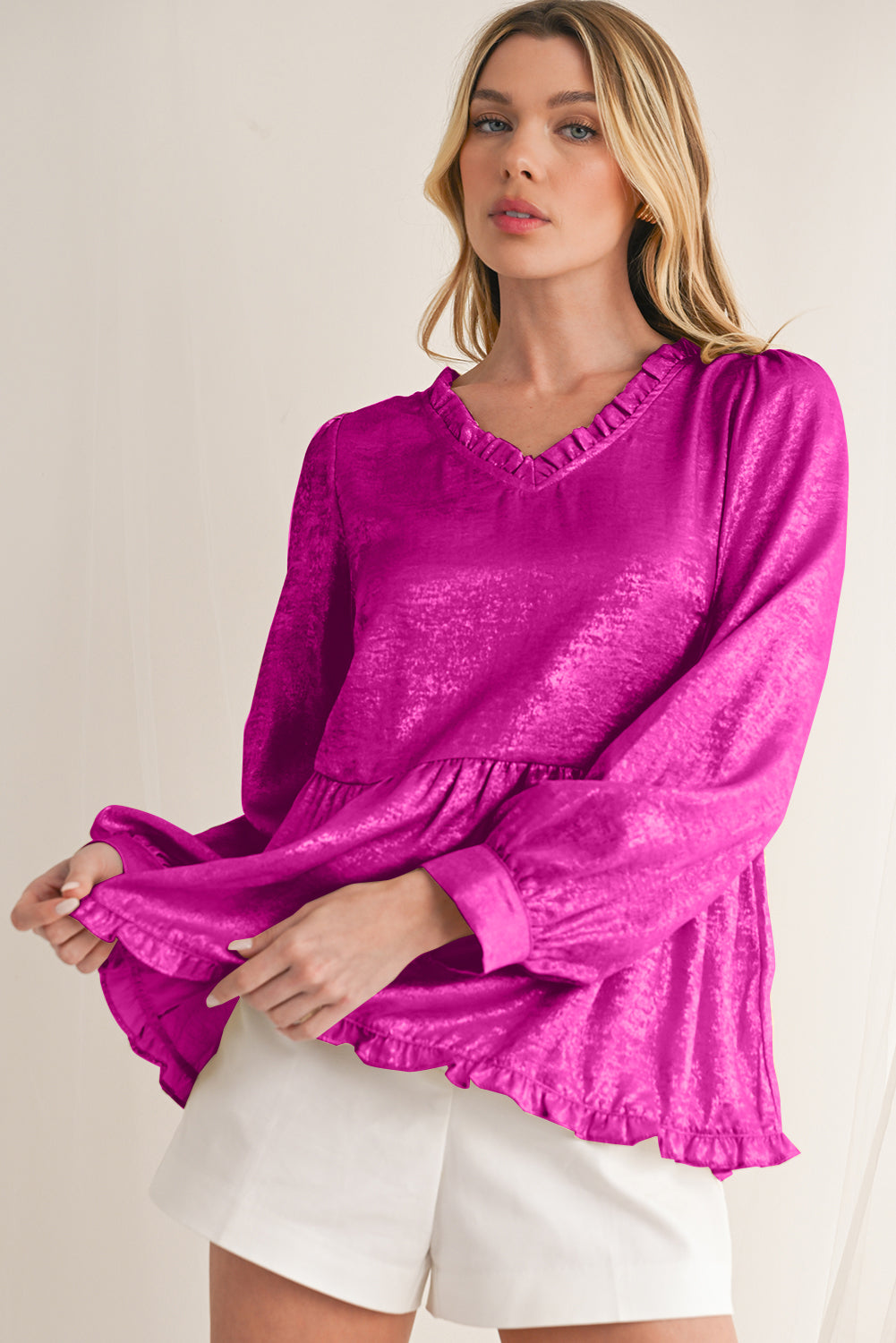 Black Velvet Frill V Neck Puff Sleeve Babydoll Blouse