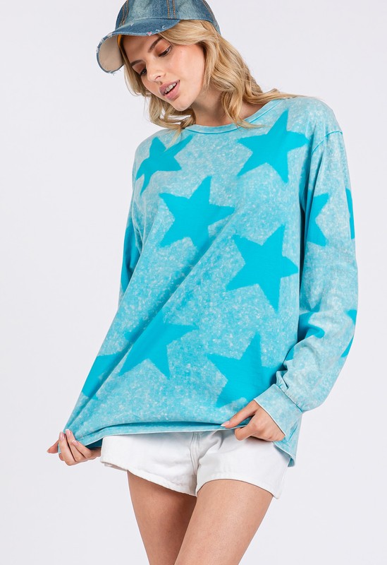 SAGE + FIG Mineral Wash Turquoise Star Pattern T-Shirt