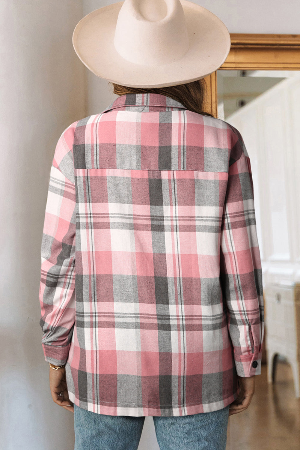 Pink Long Sleeve Collared Button Up Flannel Shacket
