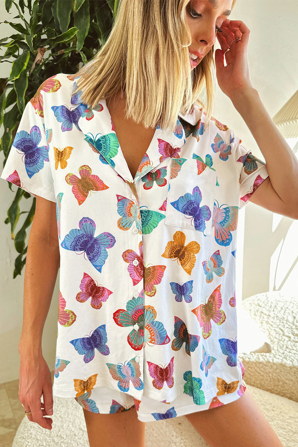 Multicolour Butterfly Print Button-up Shirt & Shorts Pajama Set