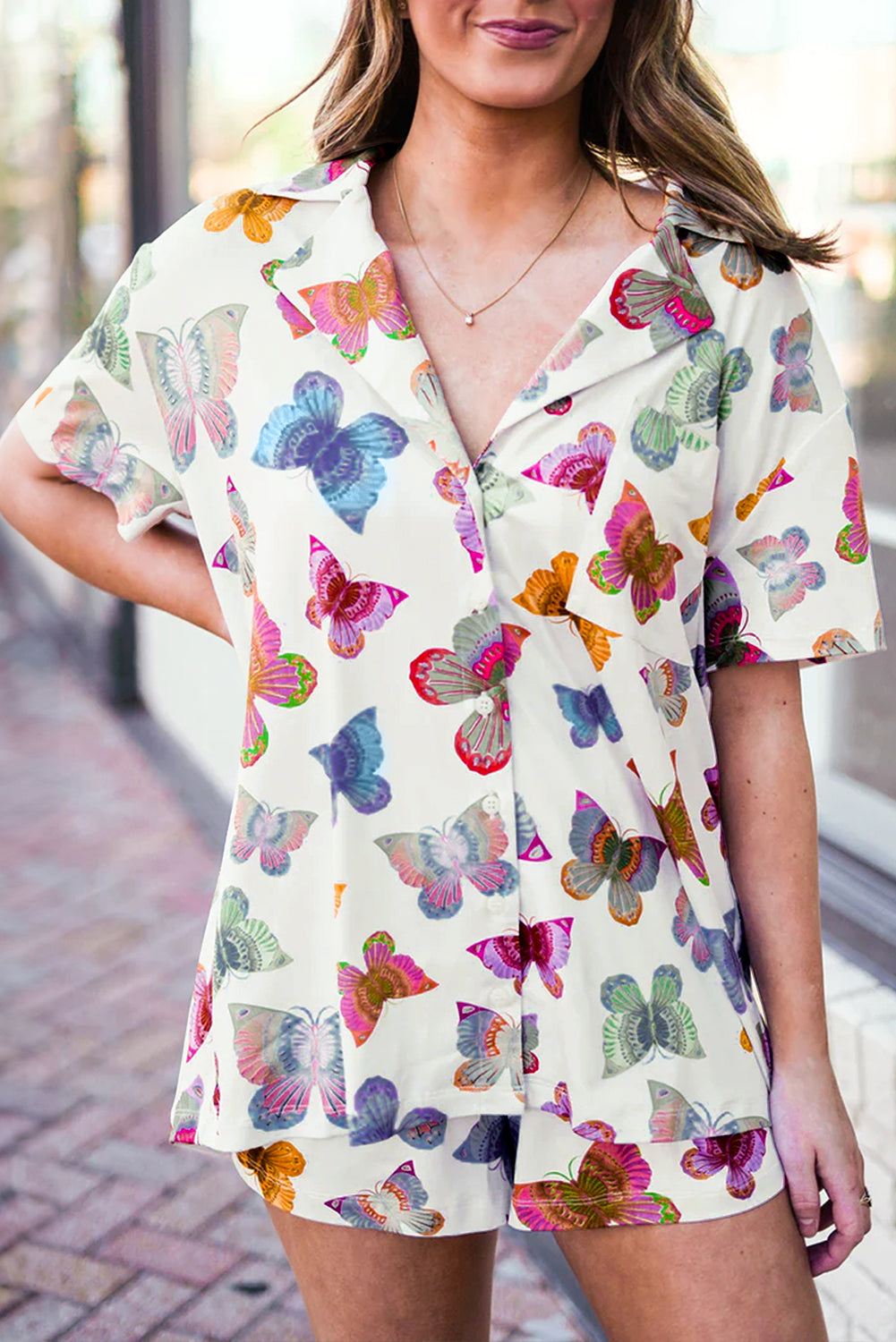 Multicolour Butterfly Print Button-up Shirt & Shorts Pajama Set