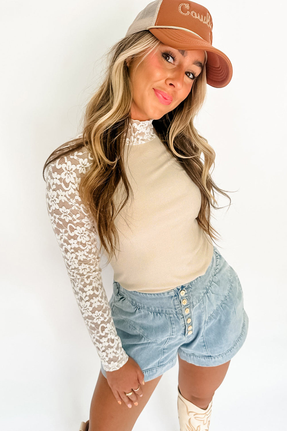 Beige and Black Floral Lace Patchwork Long Sleeve High Neck Slim Top