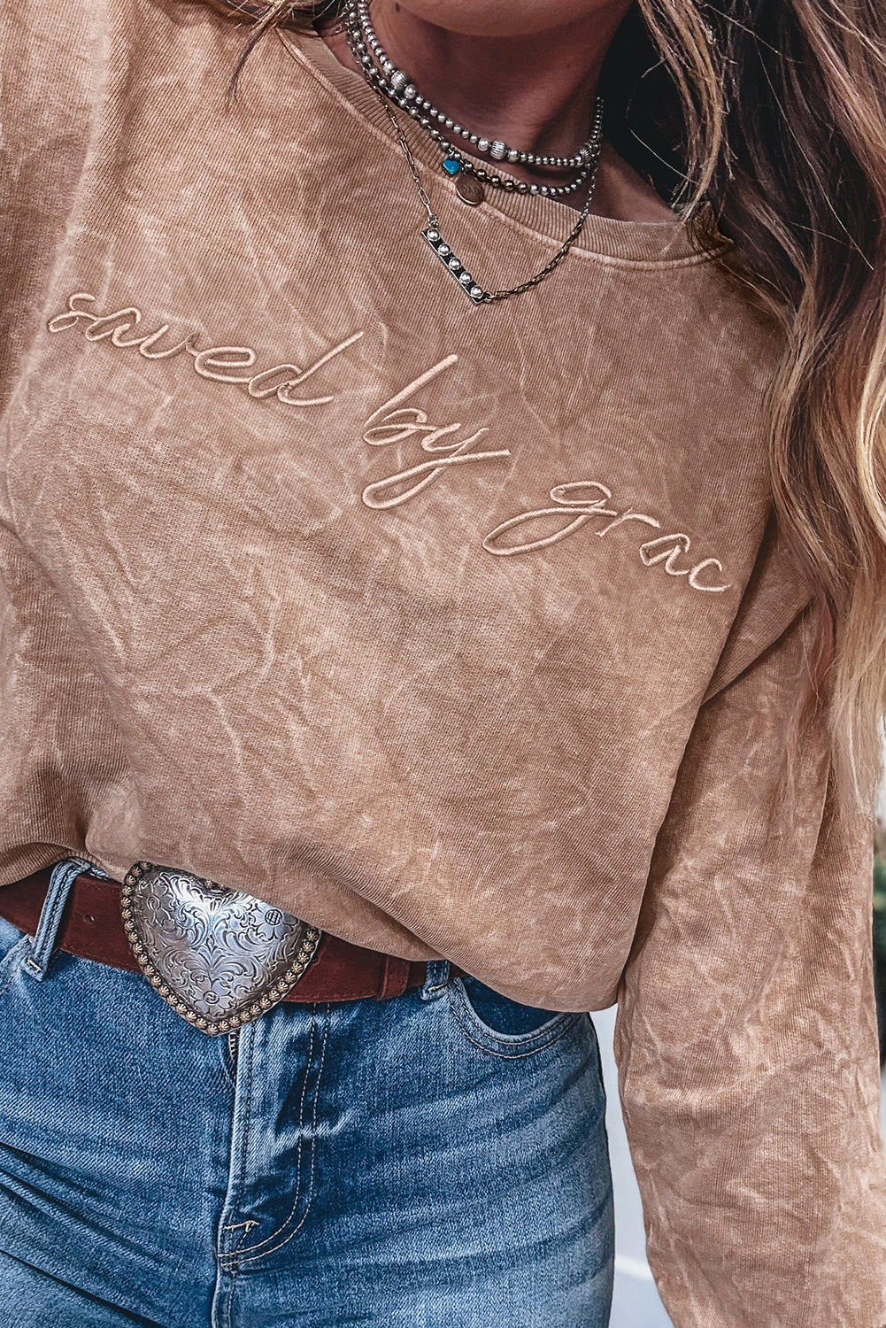 High-rise saved by grace Letter Embroidery Mineral Wash Loose Sweatshirt