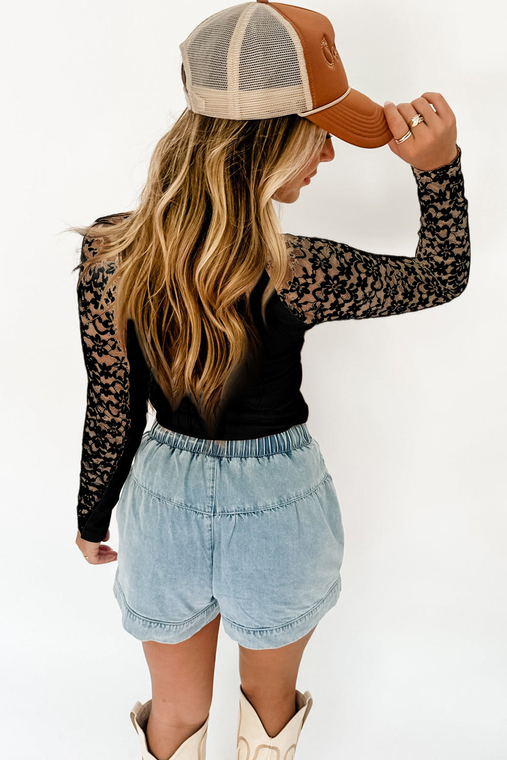 Beige and Black Floral Lace Patchwork Long Sleeve High Neck Slim Top