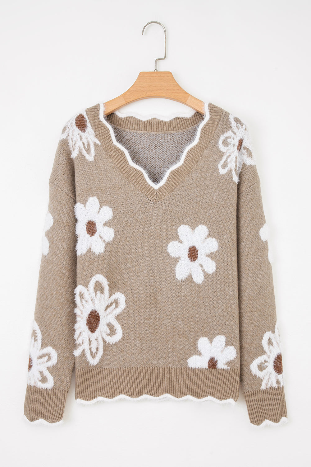 Dusk Blue Jacquard Floral Scallop V-neck Sweater