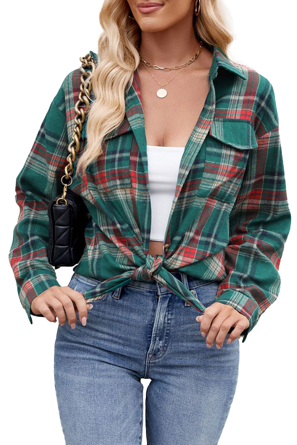Dark Blue Plaid Chest Pocket Button Front Shirt