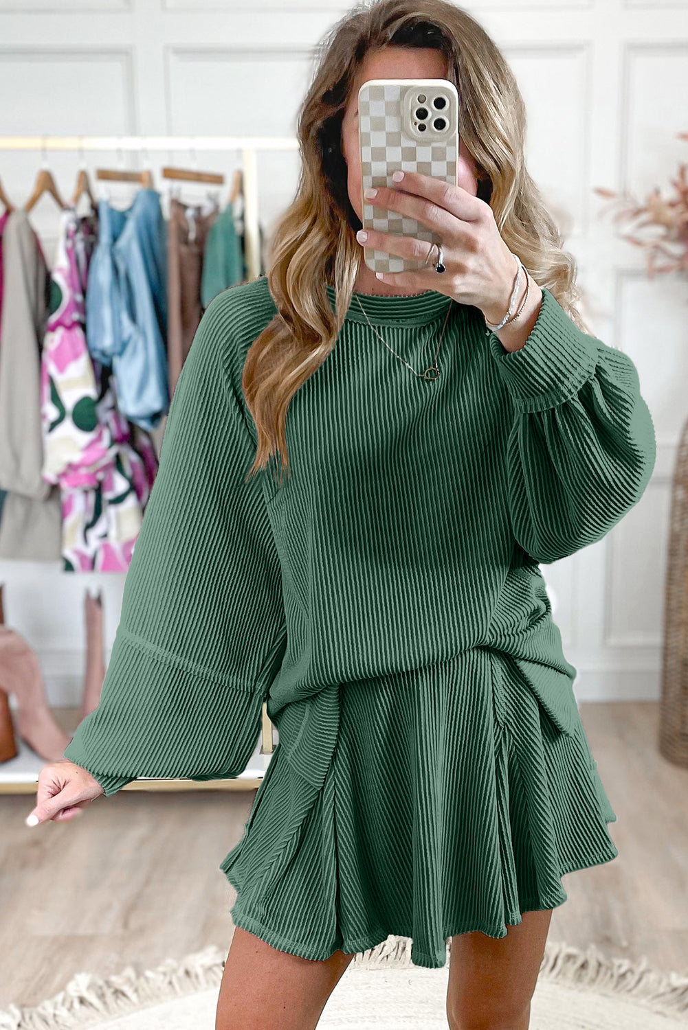 Dark Grey Corded Bishop Sleeve Pullover and Ruffle Mini Skirt Set