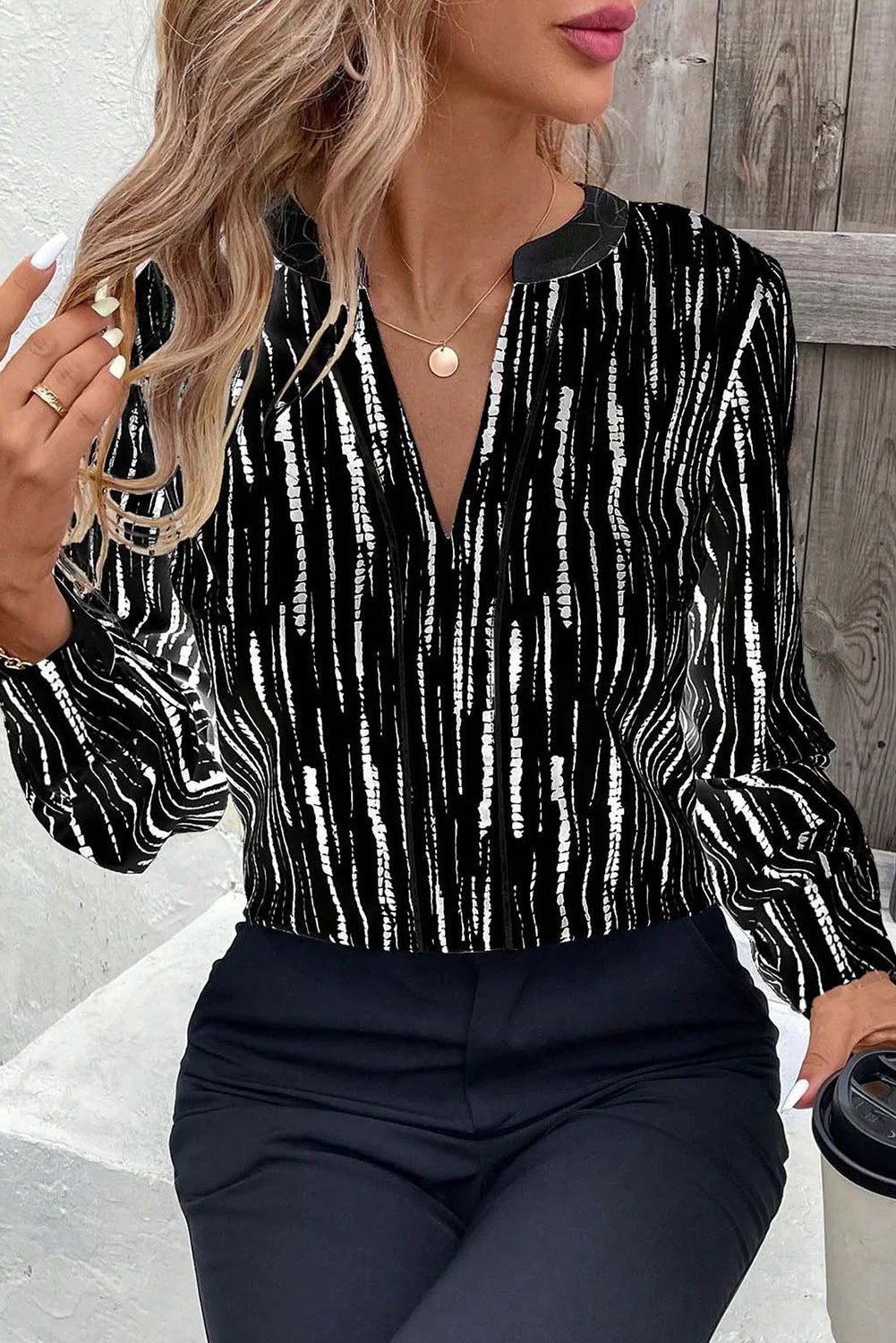 White Abstract Print V-neck Long-sleeve Blouse