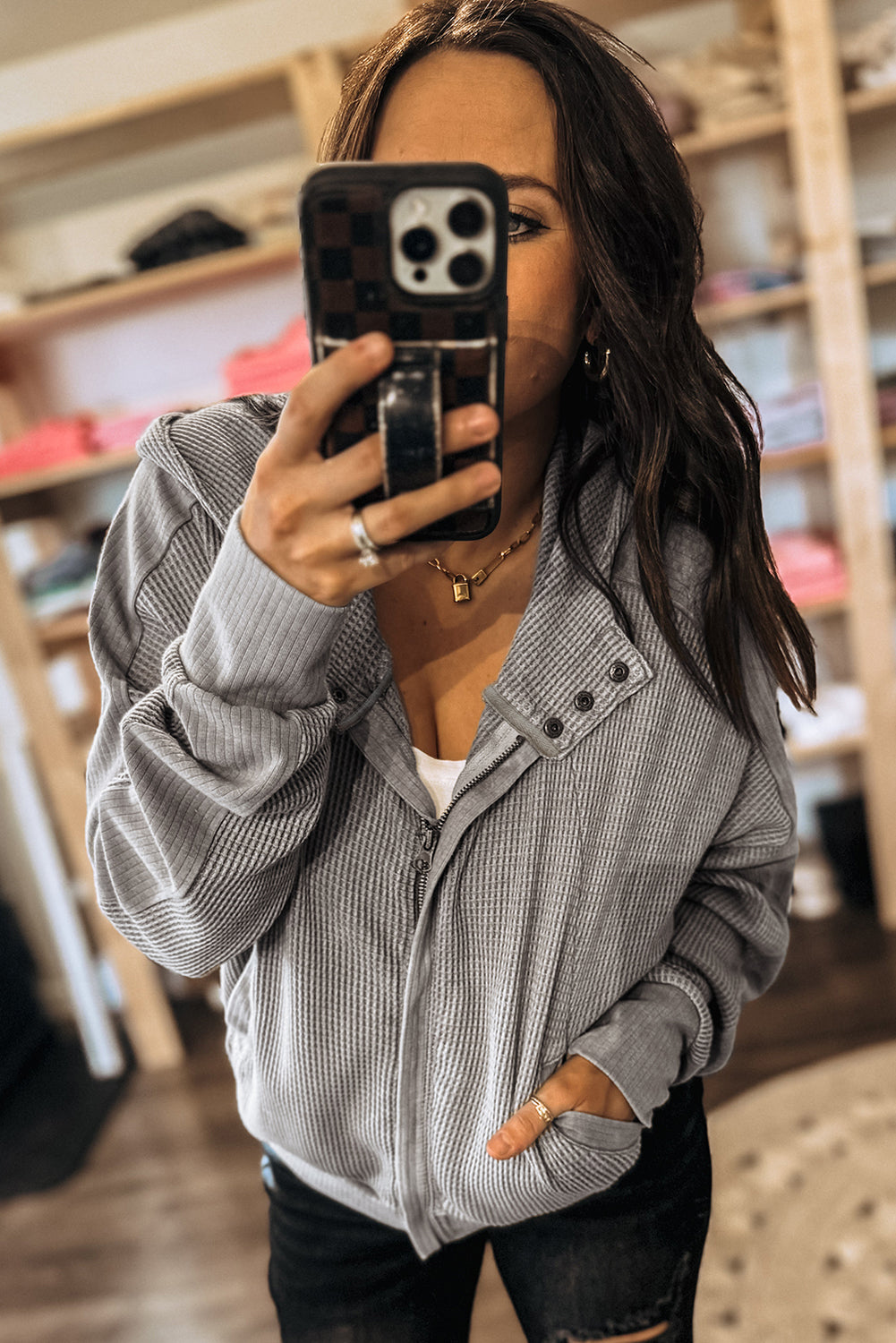 Burgundy Waffle Splicing Zip Up Front Button Hooded Jacket