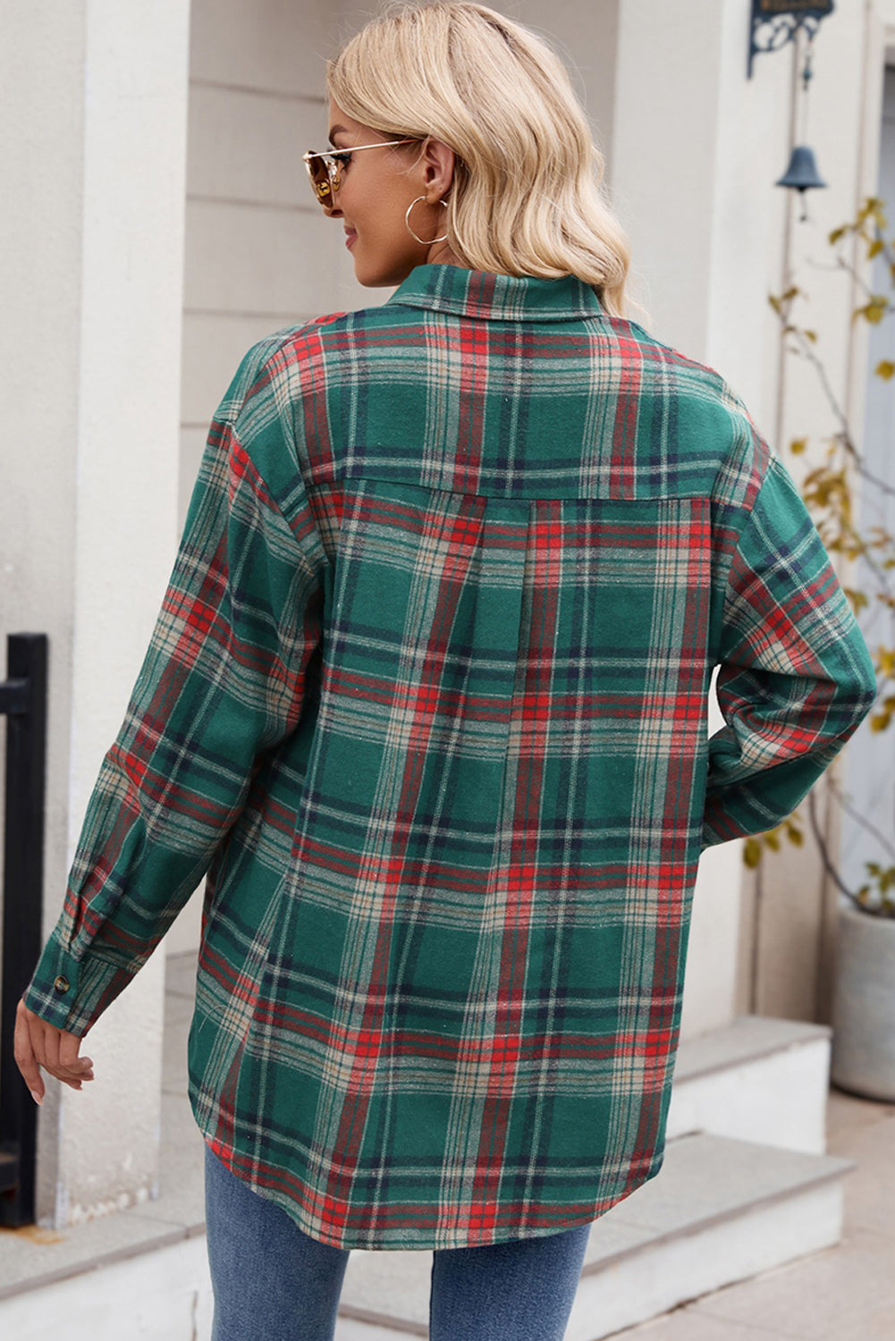 Dark Blue Plaid Chest Pocket Button Front Shirt