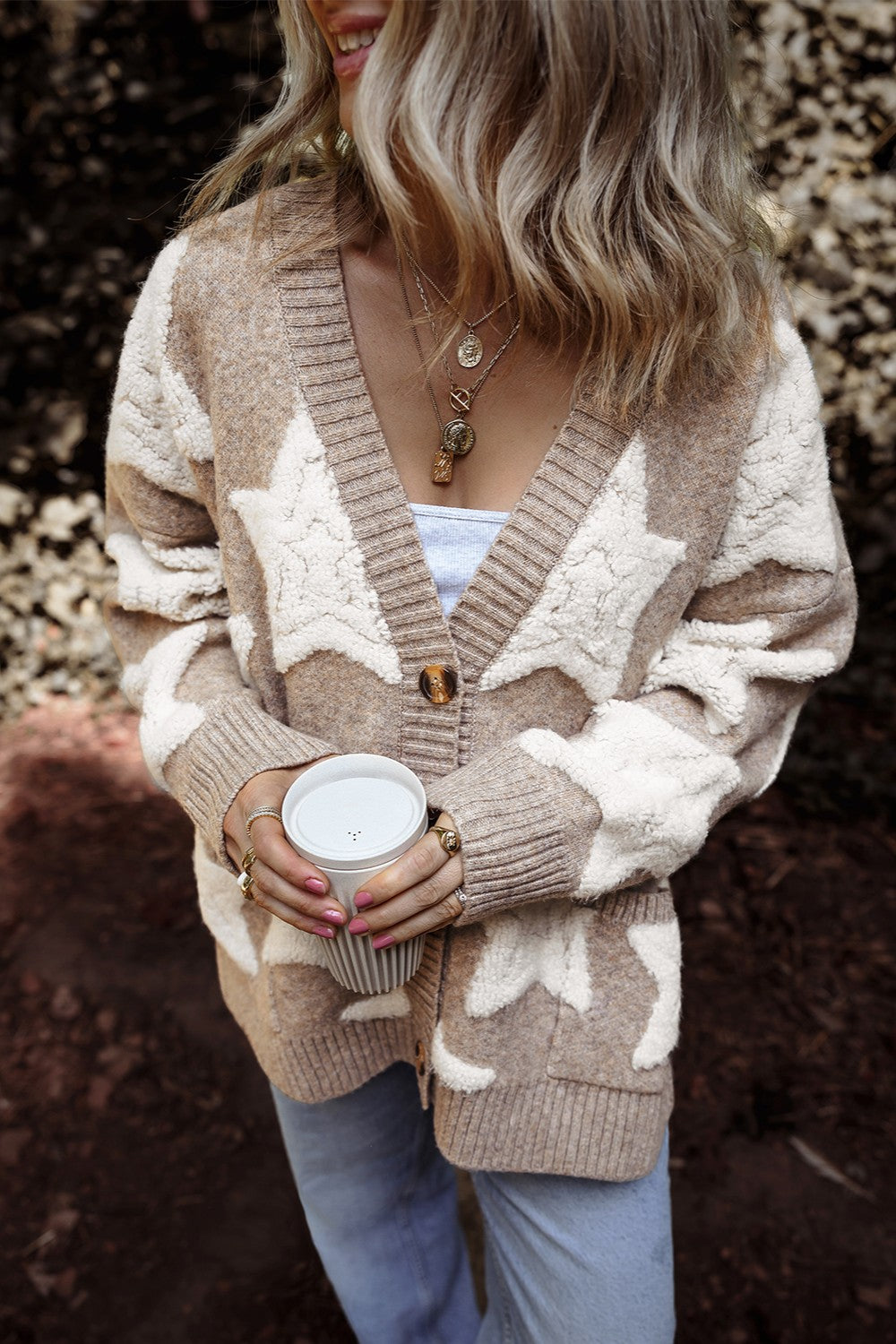 Star Beige Button Up Long Sleeve Cardigan
