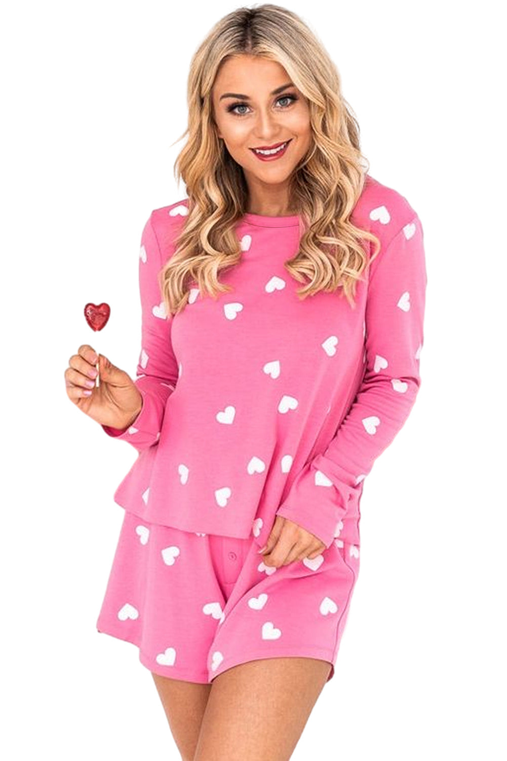 Pink Heart Print Long Sleeve Top and Shorts Pajama Set