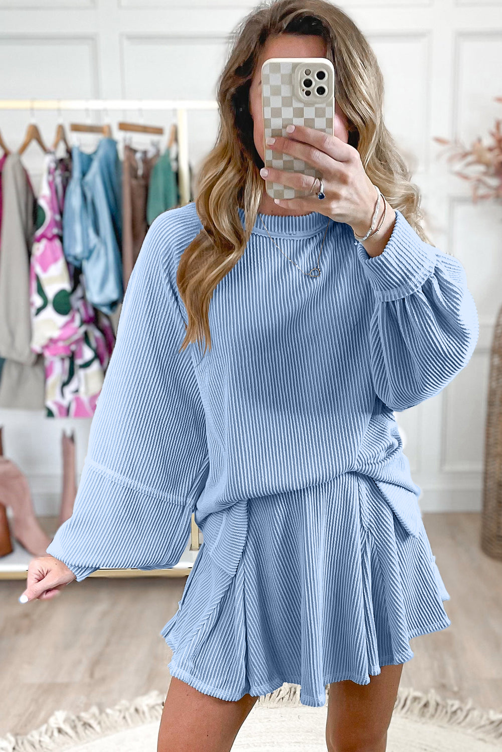 Dark Grey Corded Bishop Sleeve Pullover and Ruffle Mini Skirt Set