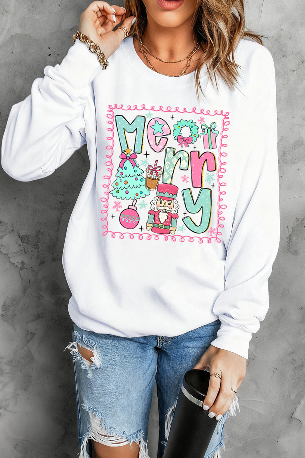 White Merry Christmas Fashion Graphic Heat Transfer Printing Cotton Blend Sweatshirt