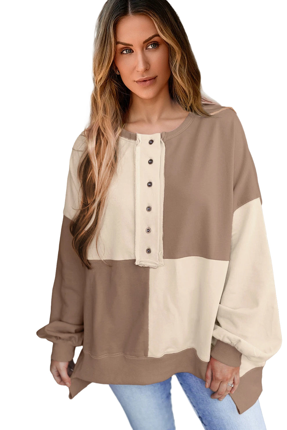 Pink Colorblock High Low Loose Henley Sweatshirt