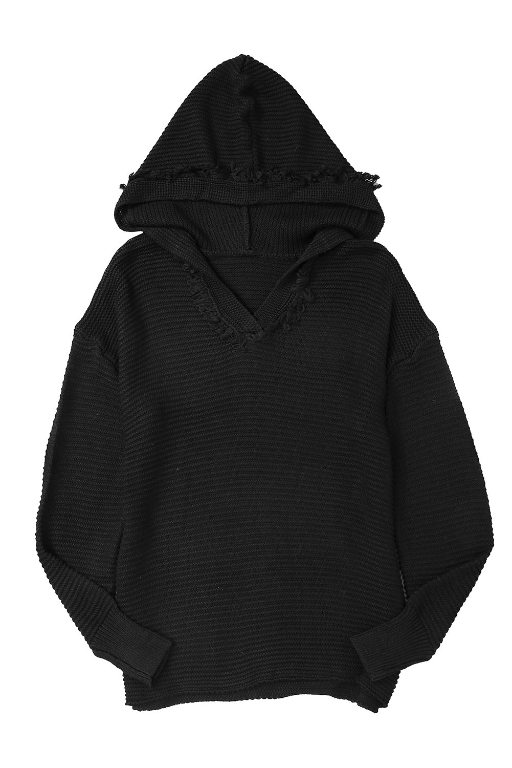 Black Split V Neck Pullover Knit Hooded Sweater
