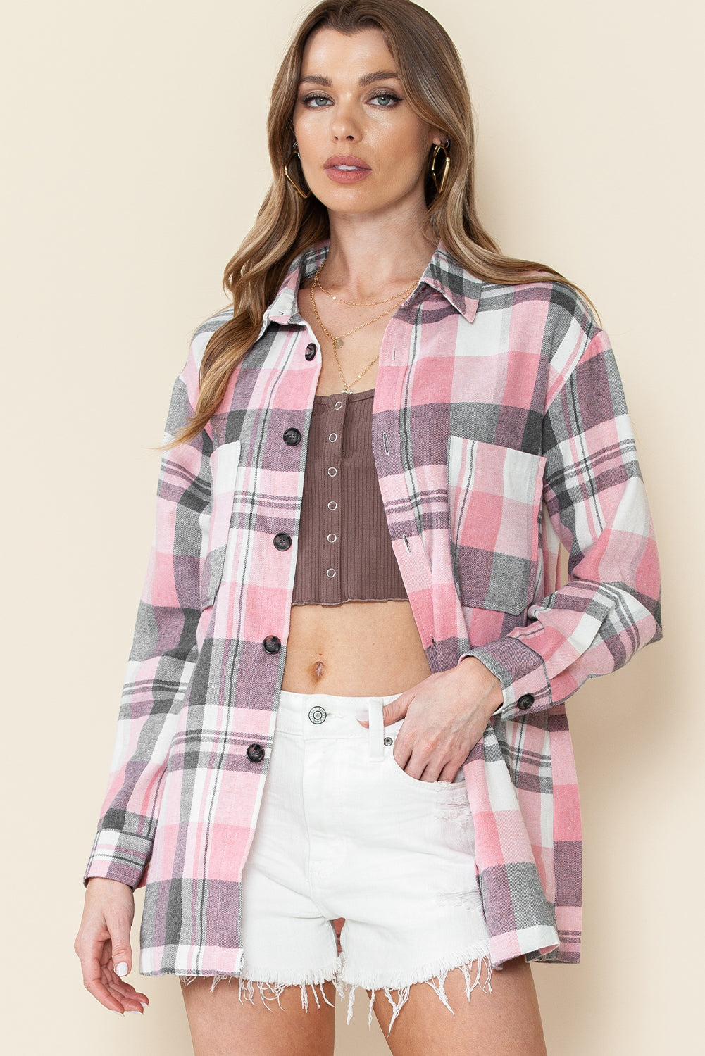 Pink Long Sleeve Collared Button Up Flannel Shacket