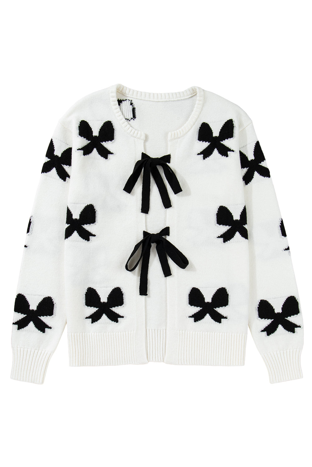 White Lace-Up Front Bow Pattern Round Neck Knit Cardigan
