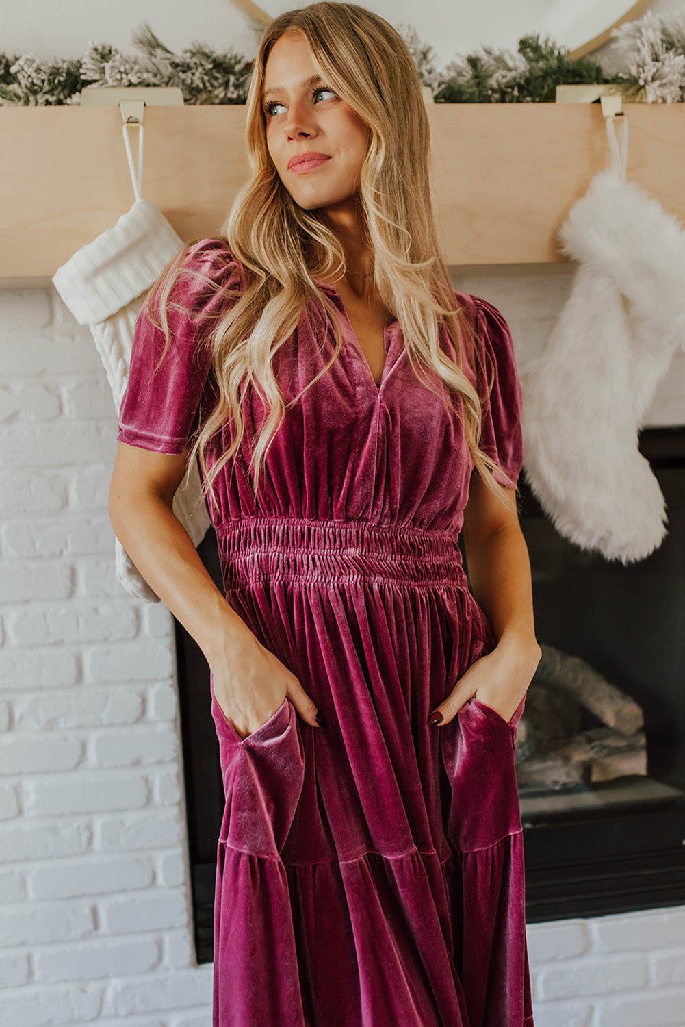 Red Dahlia Velvet Short Sleeve Shirred Waist Tiered Maxi Dress
