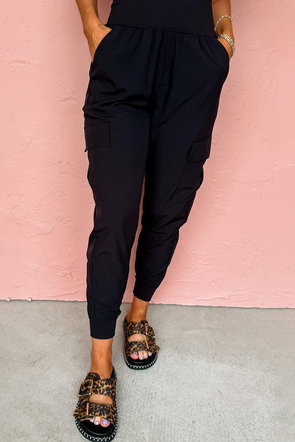 Medium Grey Elastic High Waist Pocketed Cargo Jogger Pants