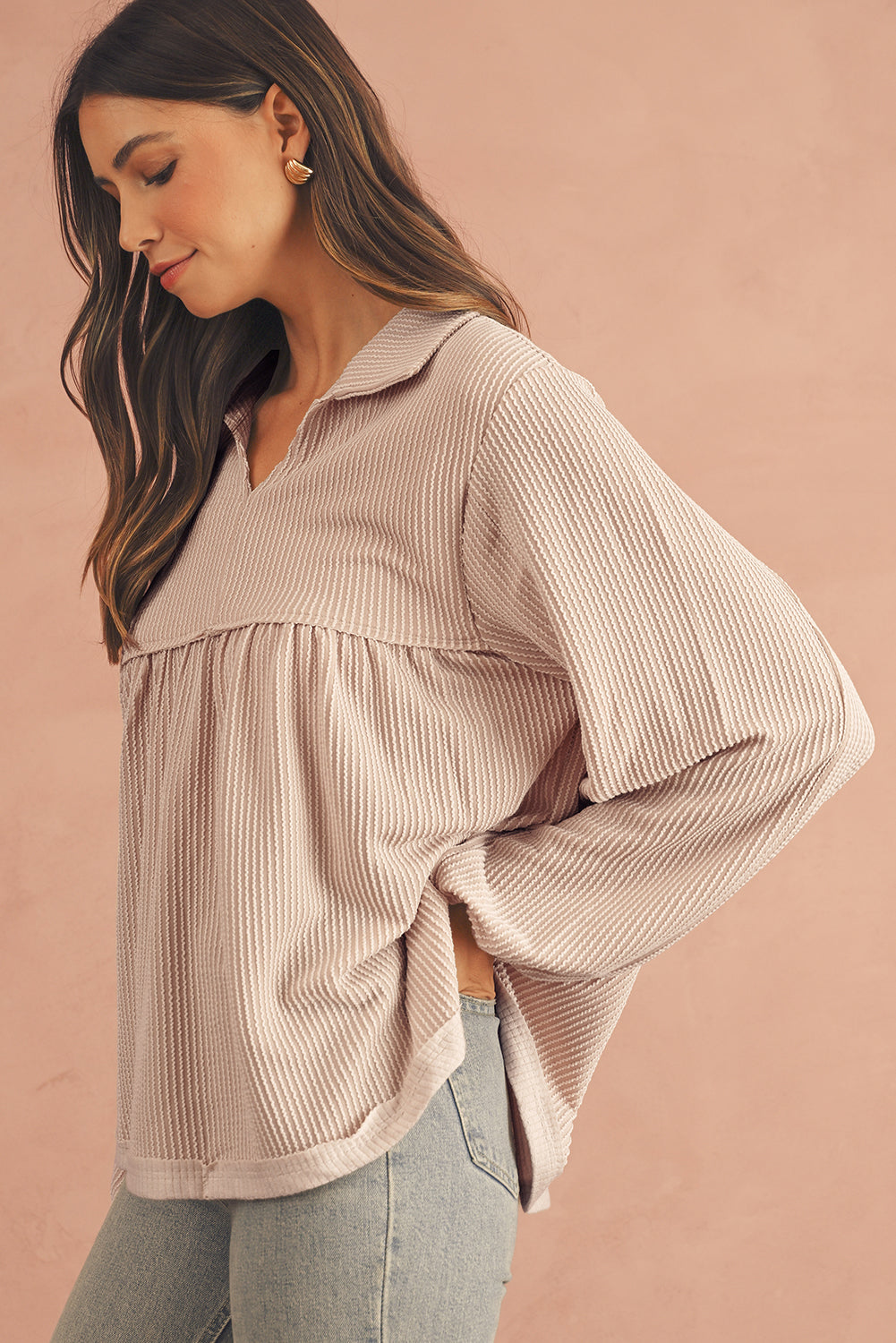 Phalaenopsis Corded Turn-down Collar Bubble Sleeve Babydoll Top