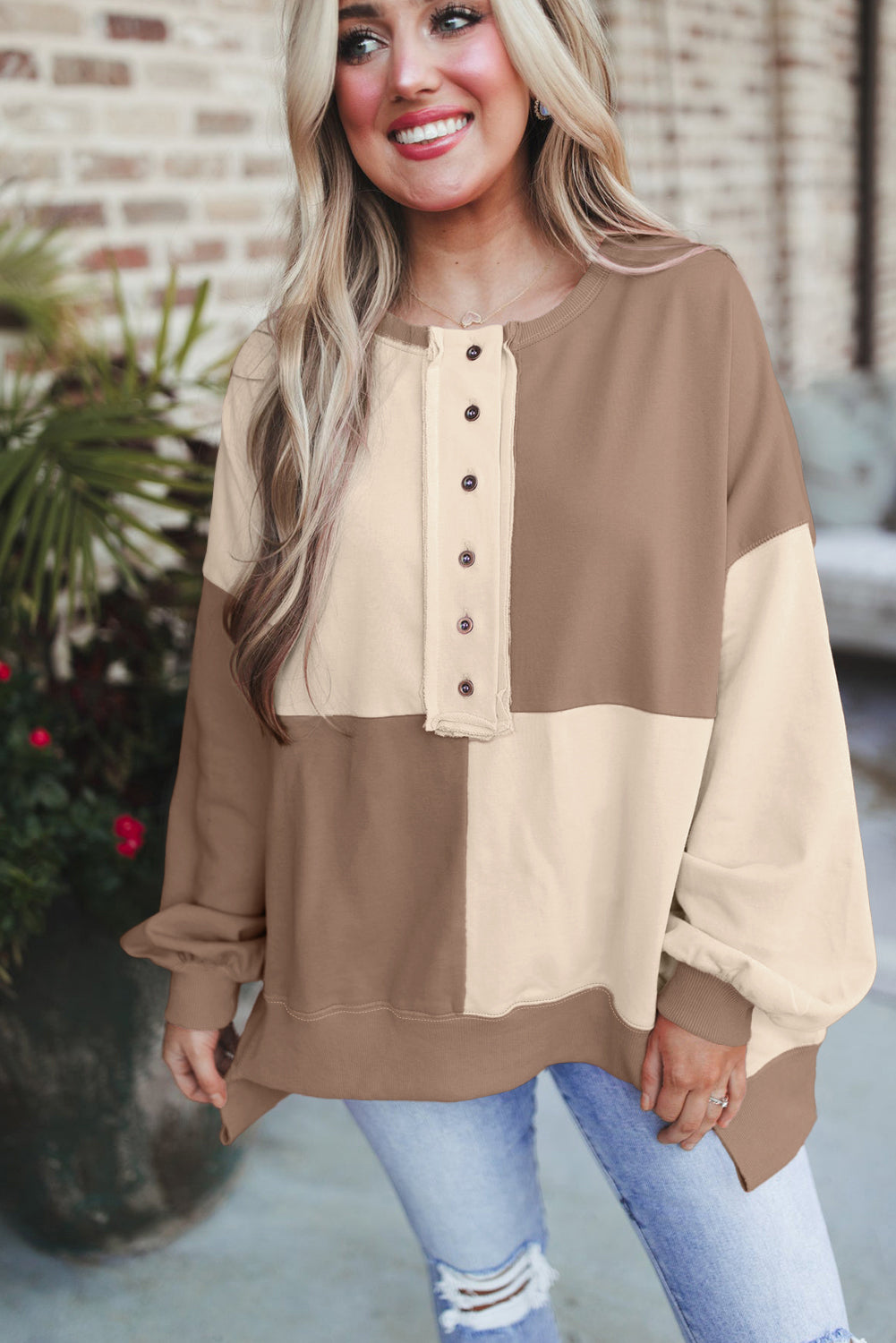 Pink Colorblock High Low Loose Henley Sweatshirt